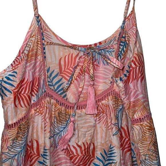 AMERICA AND BEYOND BEACH COVER UP PINK LONG DRESS TROPICAL POM POM WOMEN LARGE - Picture 4 of 10